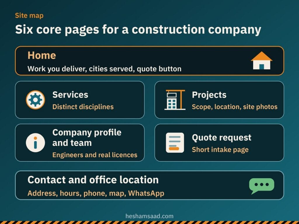 Six core pages for a construction company site: Home, Services, Projects, Company profile and team, Quote request, and Contact and office location