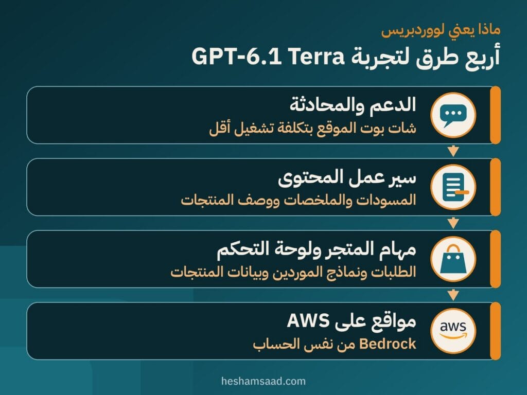 أربع طرق لتجربة GPT-6.1 Terra على موقع ووردبريس: الدعم والمحادثة وسير عمل المحتوى ومهام المتجر والمواقع على AWS