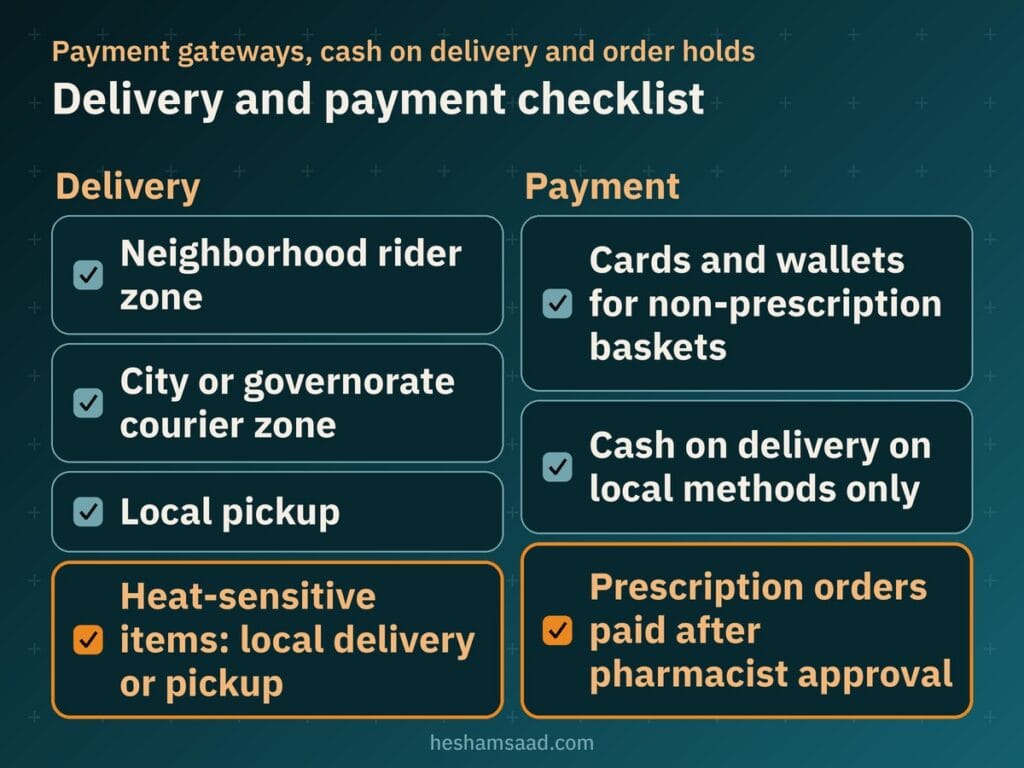 Checklist: rider, courier and pickup delivery, heat-sensitive items local only, and payment rules for prescription orders