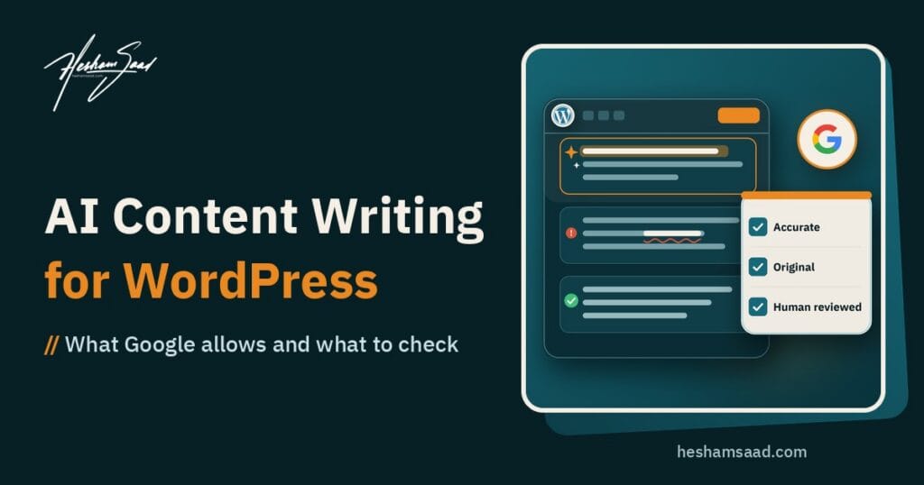 WordPress block editor window with an AI sparkle block, a fact-check mark and a Google logo beside an Accurate, Original, Human reviewed checklist