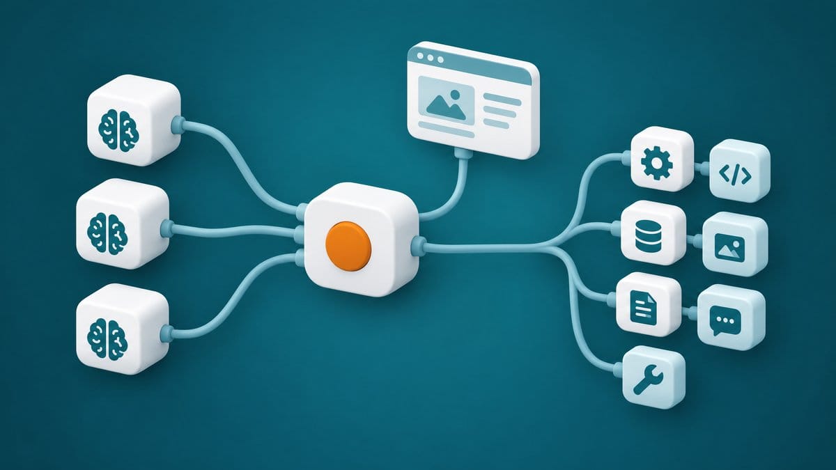 Isometric illustration of a WordPress site connected to three AI models and a set of site abilities