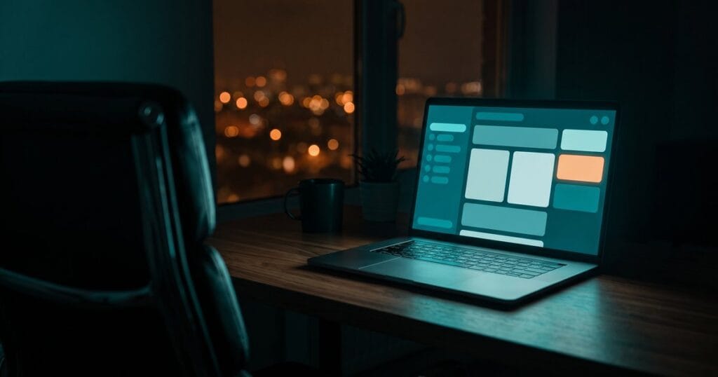 An empty office chair facing a laptop on a dark wooden desk at night, its screen showing a teal website editor interface, for a guide to AI in WordPress 7.0.