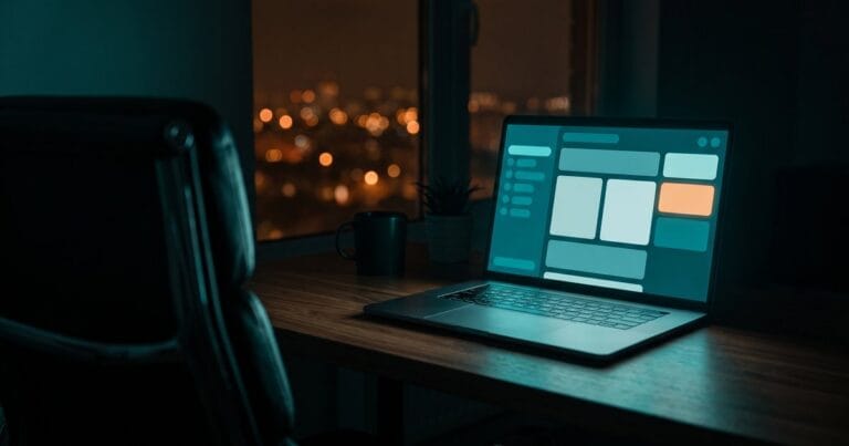 An empty office chair facing a laptop on a dark wooden desk at night, its screen showing a teal website editor interface, for a guide to AI in WordPress 7.0.