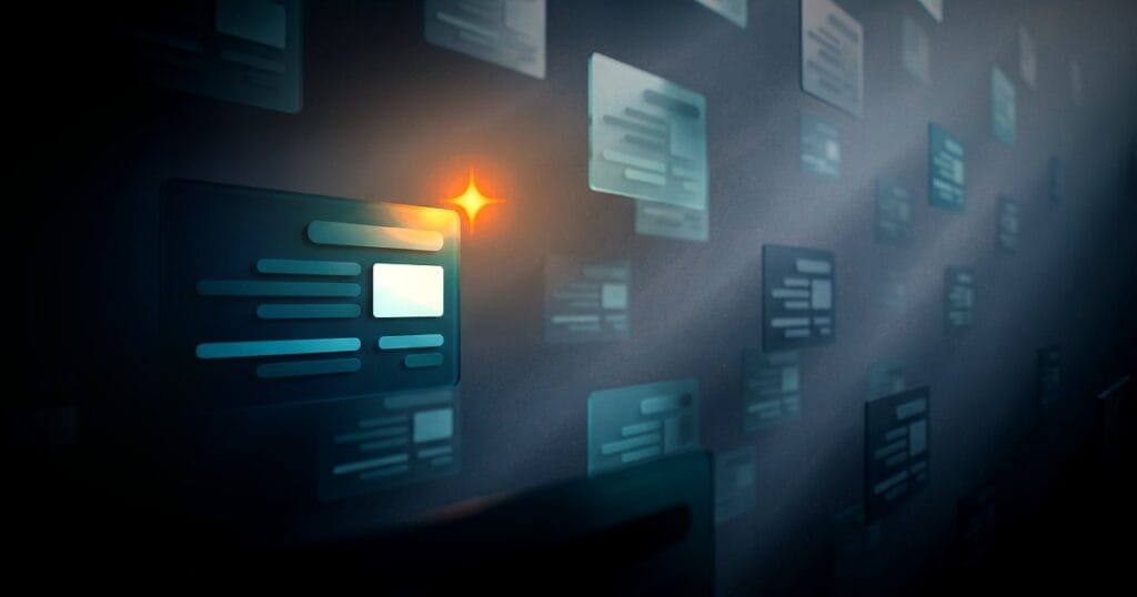 Search result cards floating at different depths in slate fog, with one sharp teal card in front lit by a small orange AI spark, for a guide to Google AI Overviews for Arabic sites.