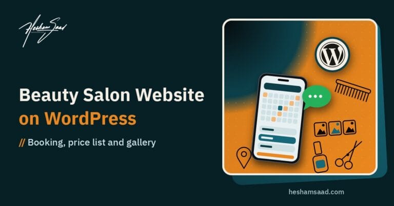 WordPress logo with a phone booking calendar, a green chat bubble, scissors, comb, nail polish, gallery tiles and a map pin