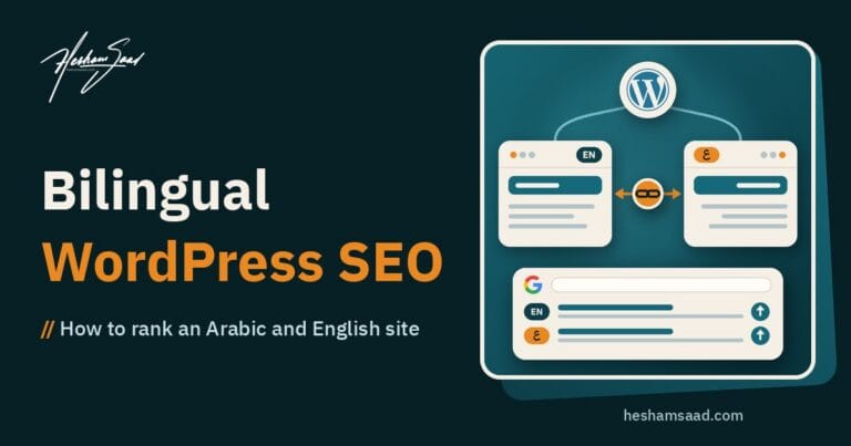 Bilingual WordPress SEO: a WordPress site branching into English and Arabic pages linked by hreflang, with both versions ranking in Google results