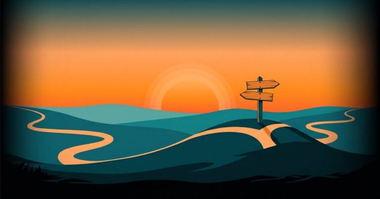 Illustrated sunset landscape where two winding paths, one from the left and one from the right, meet at a blank signpost on a hill, for a guide to bilingual WordPress SEO.