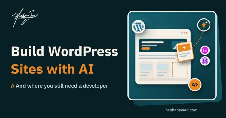 Building a WordPress site with AI tools: a page assembled block by block by an AI assistant, with Elementor and Divi, and a developer badge for the parts that still need a developer