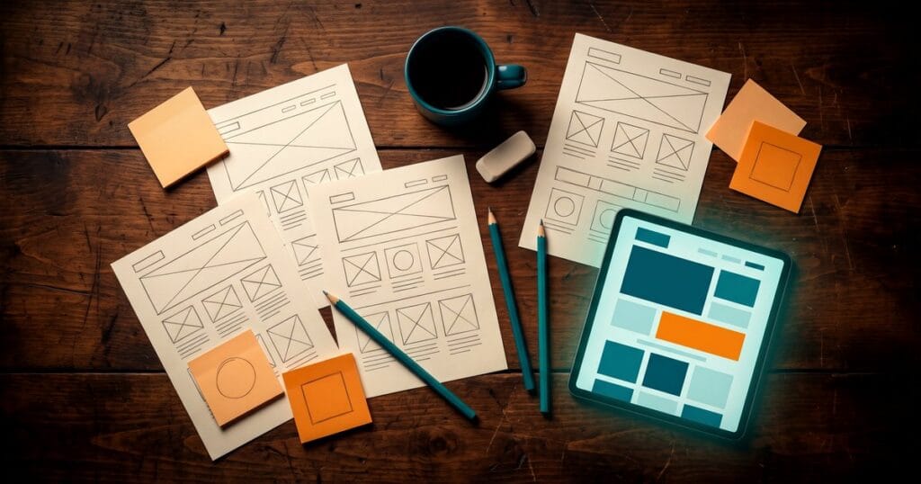 Top-down view of a wooden workbench with pencil wireframe sketches, sticky notes, teal pencils and coffee, and a tablet showing the finished site layout, for a guide to building a WordPress site with AI.