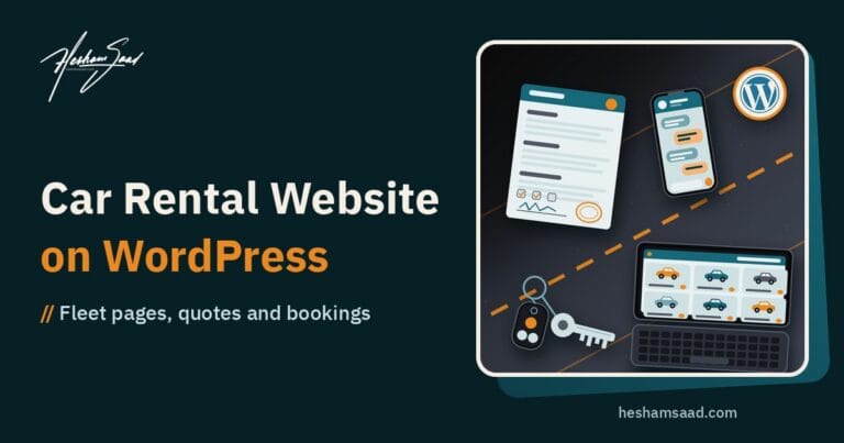 Flat lay on dark asphalt: rental agreement, phone chat, car keys with a fob, a laptop with a fleet grid and the WordPress logo