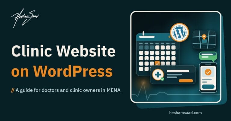 WordPress logo over a clinic appointment calendar, a doctor profile card, a map pin card and a phone with a chat bubble on a dark teal background