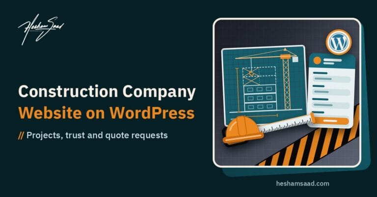 WordPress logo beside a blueprint of a building under construction with a tower crane, a hard hat, a measuring tape and a quote request form card on a slate background with an orange and black hazard band