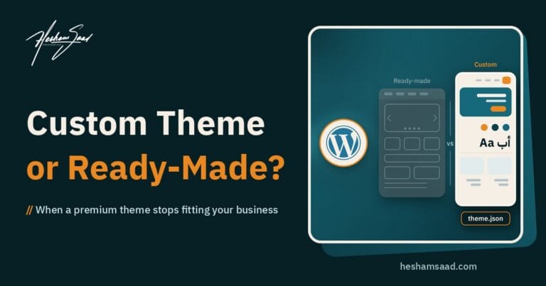 Custom WordPress theme vs ready-made theme: a faded ready-made theme card with unused slider and blocks next to a clean custom theme card with an RTL wireframe, brand colours and a theme.json chip, beside the WordPress logo