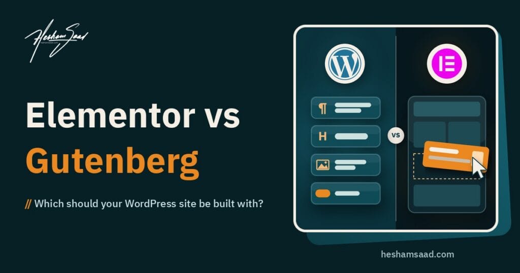 Split illustration: WordPress logo above block editor tiles on the left, Elementor logo above a drag-and-drop canvas with a section being dragged on the right