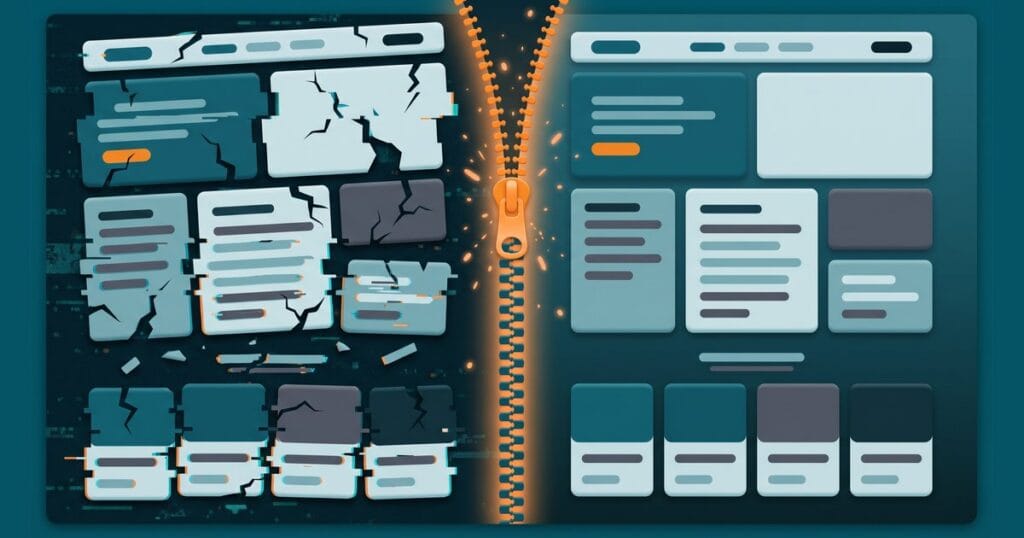 Split illustration of a web page, broken and glitching on the left and clean on the right, joined by a glowing orange zipper, for a guide to fixing common WordPress errors.