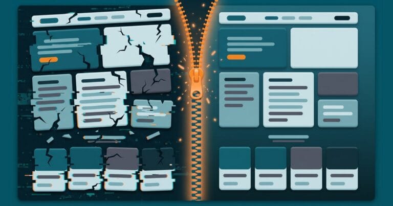 Split illustration of a web page, broken and glitching on the left and clean on the right, joined by a glowing orange zipper, for a guide to fixing common WordPress errors.
