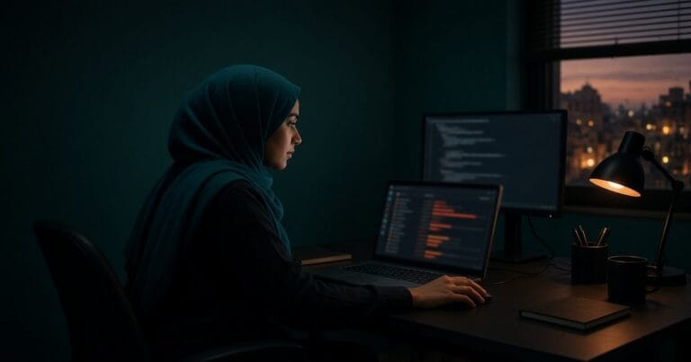 شابة عربية بحجاب على مكتبها في مكتب صغير بالقاهرة وقت الغروب، تراجع نتائج فحص البرمجيات الخبيثة على حاسوبها لإصلاح موقع ووردبريس مخترق.