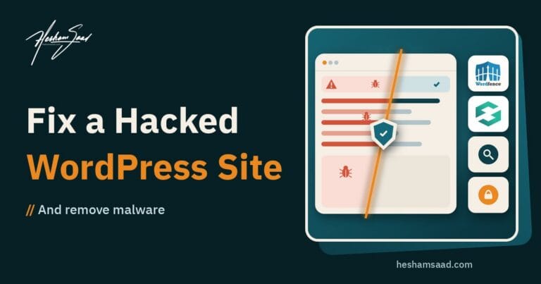Fixing a hacked WordPress site: a scan sweeping across the site, turning the infected half with malware and warnings into a clean, protected site, with Wordfence and Sucuri