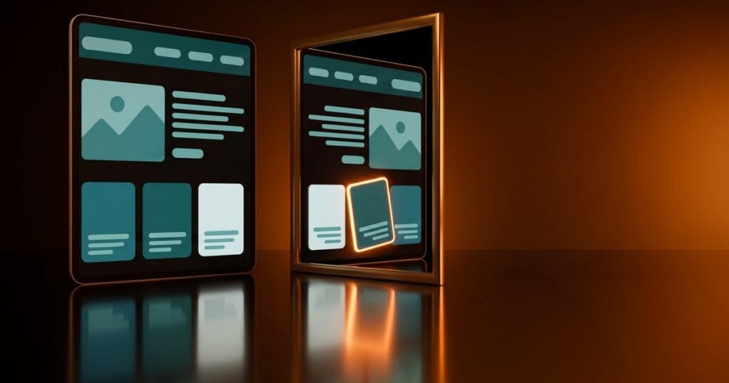 A web page panel facing a mirror that shows its right-to-left version, with one misplaced card outlined in orange, for a guide to fixing RTL issues on Arabic WordPress sites.