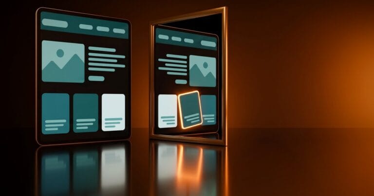 A web page panel facing a mirror that shows its right-to-left version, with one misplaced card outlined in orange, for a guide to fixing RTL issues on Arabic WordPress sites.