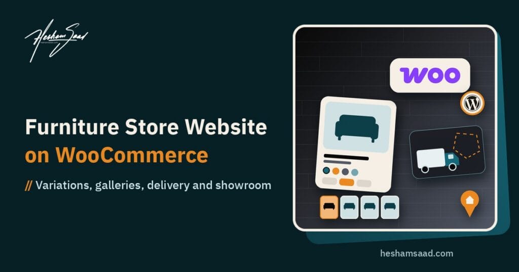 WooCommerce logo with a sofa product card, colour dots, size chips, gallery thumbnails, a delivery truck card and a map pin