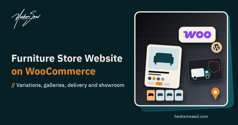 WooCommerce logo with a sofa product card, colour dots, size chips, gallery thumbnails, a delivery truck card and a map pin