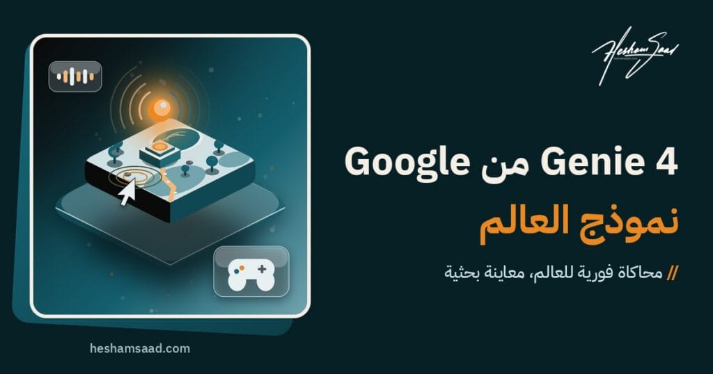 شريحة عالم إيزومترية عائمة بكرة كهرمانية متوهجة وموجات صوت ومؤشر وبطاقة يد تحكم على خلفية زرقاء مخضرة داكنة