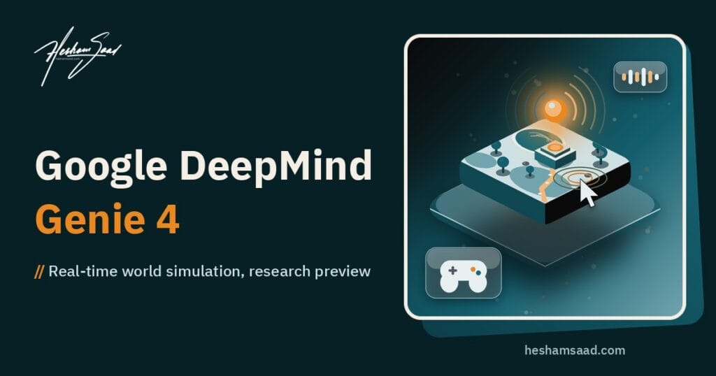 Floating isometric world slab with a glowing amber orb, sound arcs, a cursor and a game controller card on a deep teal field