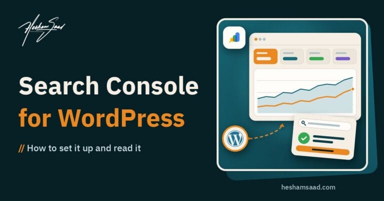Google Search Console for WordPress: a Search Console dashboard with clicks and impressions chart, a URL inspection card showing the page is indexed, and a verified WordPress site