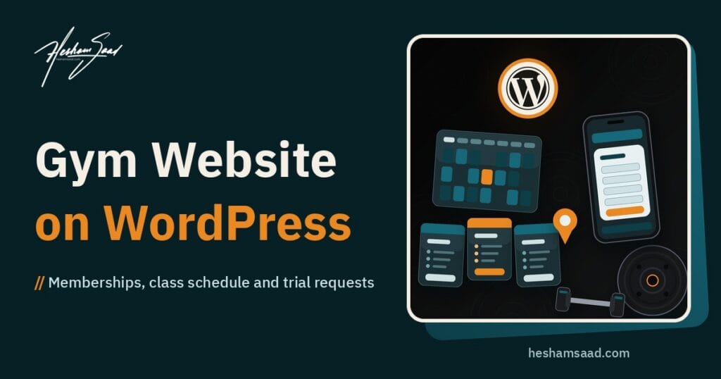 Top-down gym flat lay on near-black: WordPress logo, class schedule card, three plan cards, phone with a trial request, map pin
