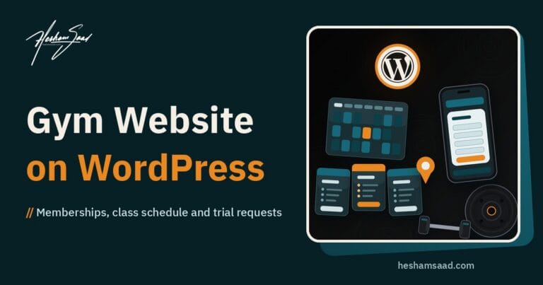 Top-down gym flat lay on near-black: WordPress logo, class schedule card, three plan cards, phone with a trial request, map pin
