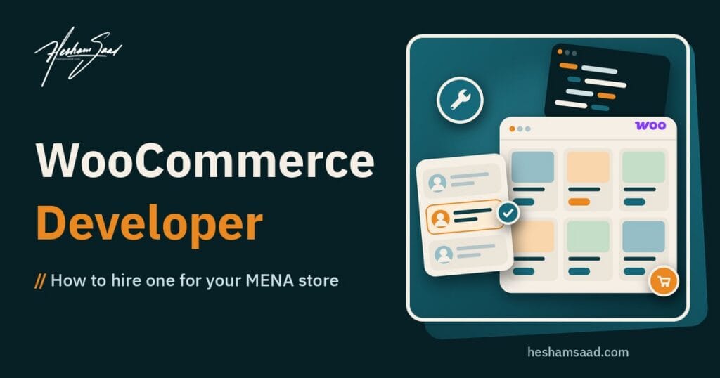 Hiring a WooCommerce developer: a shortlist of developers with the chosen one checked, next to a WooCommerce online store and its custom code