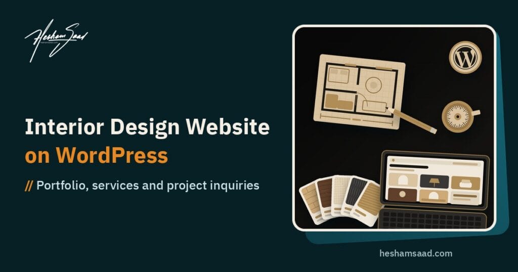 Top-down designer desk on near-black: floor plan, pencil, material samples, laptop with a project photo grid, WordPress logo