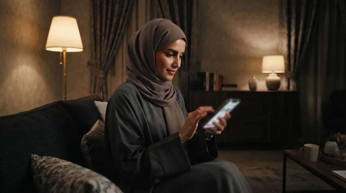 متسوقة في جدة تراجع سلة الشراء وصفحة منتج عربية من اليمين إلى اليسار على هاتفها، وهو المسار الذي يجب أن يختبره مطور ووكومرس