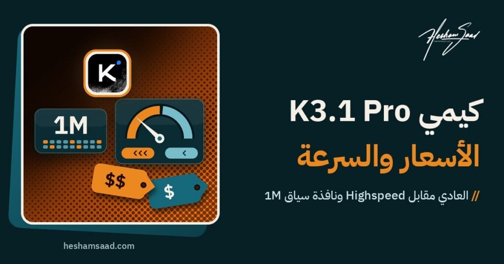 أيقونة Kimi فوق عداد سرعة يوضح النسخة العادية ونسخة Highspeed مع بطاقة سياق 1M وبطاقتي سعر على خلفية برتقالية منقطة