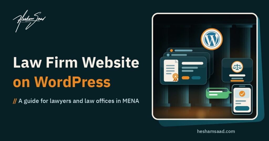 WordPress logo with a lawyer profile card, a scales of justice badge, a practice-area card, a map pin and a phone with a chat bubble on a dark teal background