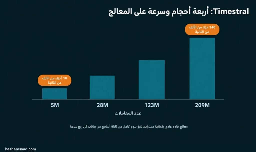 أحجام نموذج Timestral من ميسترال للتنبؤ: 5M و28M و123M و209M معامل، ويستغرق التنبؤ 10 أجزاء من الألف من الثانية مع 5M و140 جزءا من الألف من الثانية مع 209M على معالج خادم عادي بثمانية مسارات، بيوم كامل من ثلاثة أسابيع من بيانات كل ربع ساعة