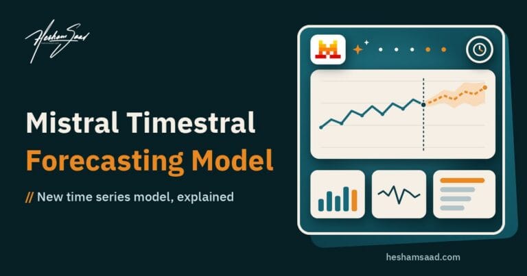 Mistral Timestral time series forecasting: a chart of past data with a forecast and its uncertainty range, sales and traffic inputs, a comparison with other models, and the Mistral AI logo