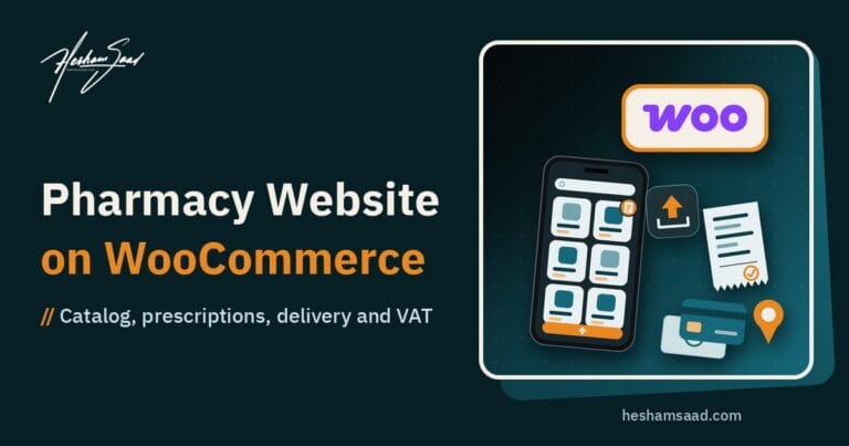 WooCommerce logo above a phone with a pharmacy product grid, a prescription badge and upload icon, card, receipt and map pin