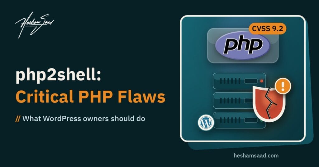 php2shell critical PHP flaws: PHP logo, CVSS 9.2 tag, cracked shield on a server