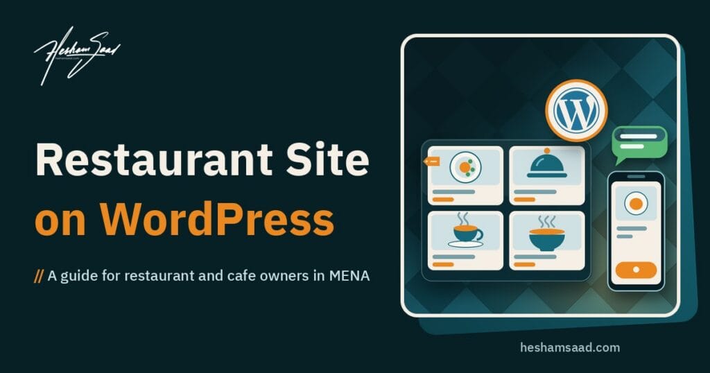 WordPress logo above a restaurant menu panel with dish cards, a phone order card and a chat bubble