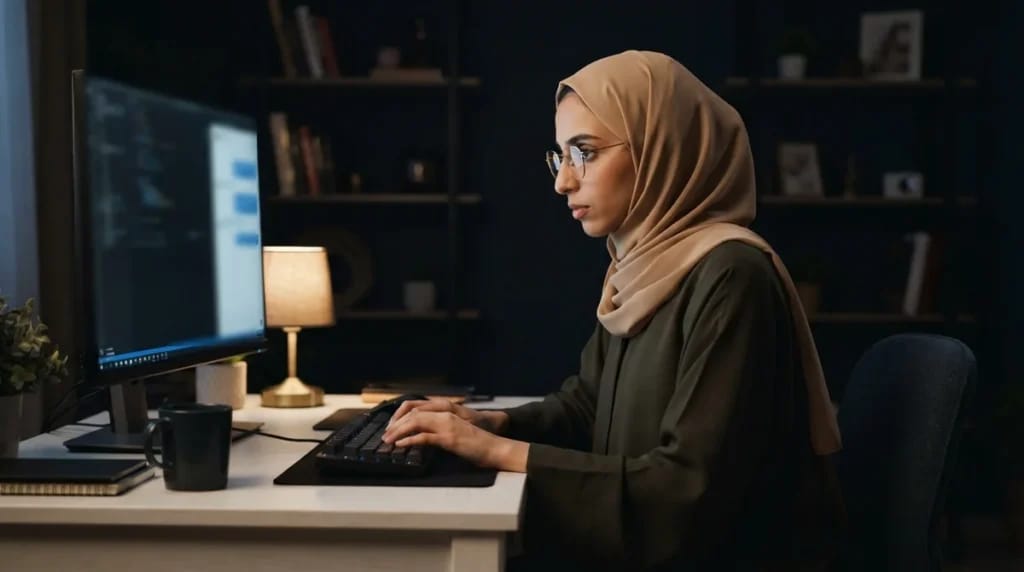 مطورة في الرياض تختبر نافذة دردشة عربية من اليمين إلى اليسار على شاشتها قبل إطلاق شات بوت ذكاء اصطناعي لووردبريس
