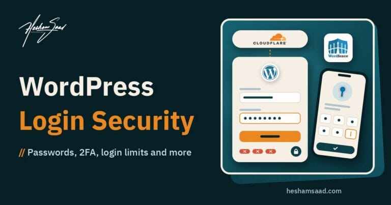Securing the WordPress login: Cloudflare edge protection, a login form with failed attempts limited and locked, two-factor authentication codes on a phone, and Wordfence
