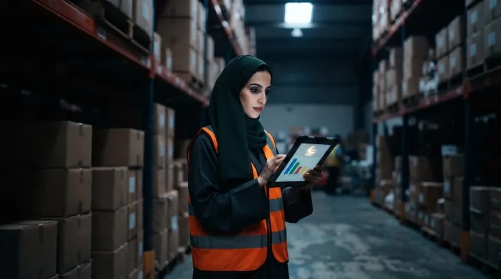 مسؤولة تخطيط في مستودع بالرياض ترتدي حجابا أخضر داكنا وتراجع على جهاز لوحي الطلب الأسبوعي لكل فئة من المنتجات قبل رمضان، وهو استخدام مألوف لنموذج Timestral من ميسترال للتنبؤ.