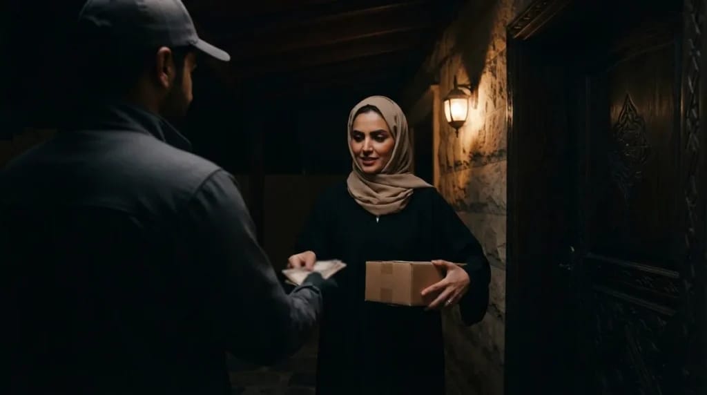 عميلة في الرياض تدفع نقدا عند استلام طرد من متجر إلكتروني، وهي خطوة يجب أن تراعيها إضافات شركات الشحن لووكومرس في مصر والسعودية