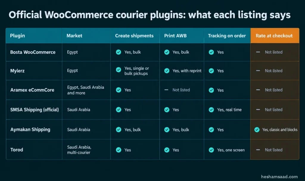WooCommerce courier plugins Egypt and Saudi Arabia comparison: Bosta WooCommerce, Egypt, create shipments yes bulk, print AWB yes bulk, tracking yes, rate at checkout not listed; Mylerz, Egypt, yes single or bulk pickups, yes with reprint, yes, not listed; Aramex eCommCore, Egypt, Saudi Arabia and more, yes, not listed, yes, not listed; SMSA Shipping (official), Saudi Arabia, yes, yes, yes real time, not listed; Aymakan Shipping, Saudi Arabia, yes bulk, yes bulk, yes, yes classic and blocks; Torod, Saudi Arabia multi-courier, yes, yes, yes one screen, not listed