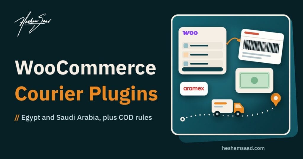 WooCommerce courier plugins for Egypt and Saudi Arabia: a WooCommerce order turned into a shipping label with a barcode, a delivery truck following the tracking route, cash on delivery, and Aramex