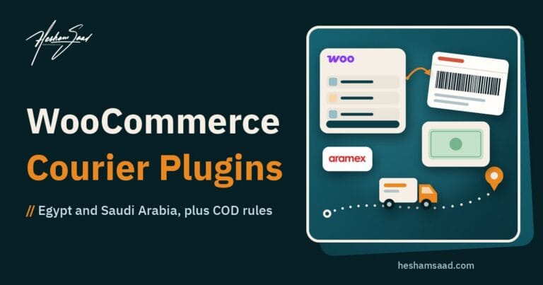 WooCommerce courier plugins for Egypt and Saudi Arabia: a WooCommerce order turned into a shipping label with a barcode, a delivery truck following the tracking route, cash on delivery, and Aramex