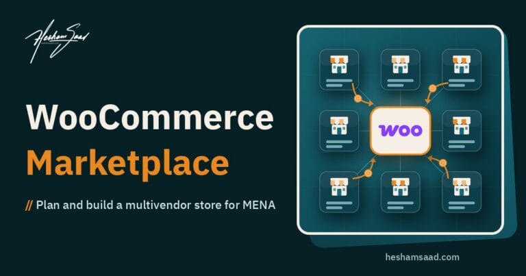 WooCommerce logo at the center of a storefront grid of vendor store cards, with commission arrows flowing back to the center