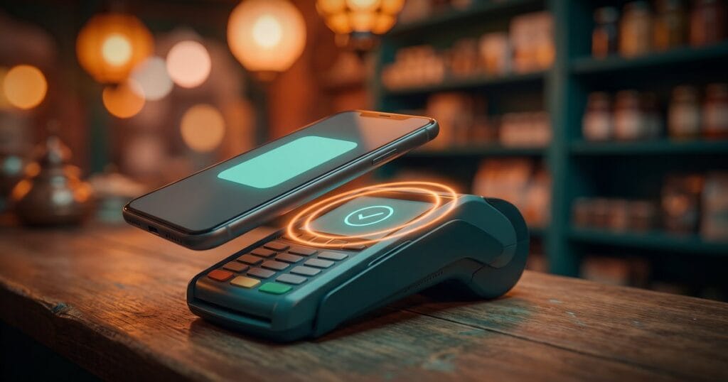 Close-up of a smartphone making a contactless tap on a teal card terminal on a wooden shop counter, warm shop lights behind, for a guide to WooCommerce payment gateways in Egypt and Saudi Arabia.